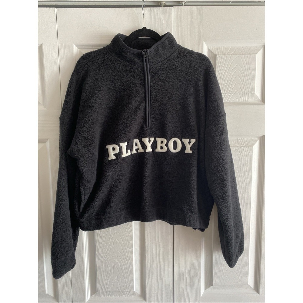 Playboy PacSun Sherpa Fleece Quarter Zip Womens Size M Black Pullover Streetwear